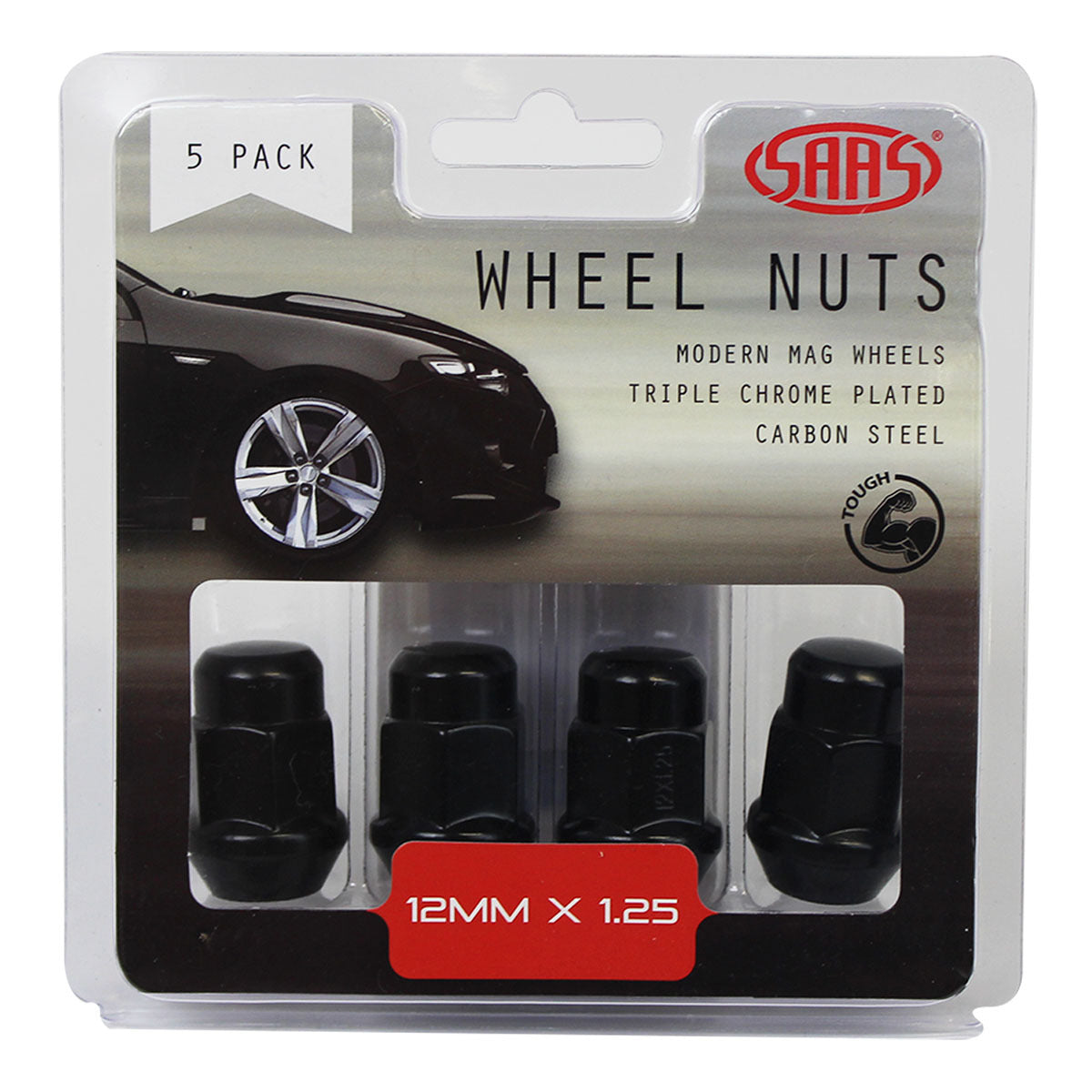 SAAS-Wheel-Nuts-Acorn-Bulge-12-X-1.25-Black-35mm-5Pk-|-335355BC
