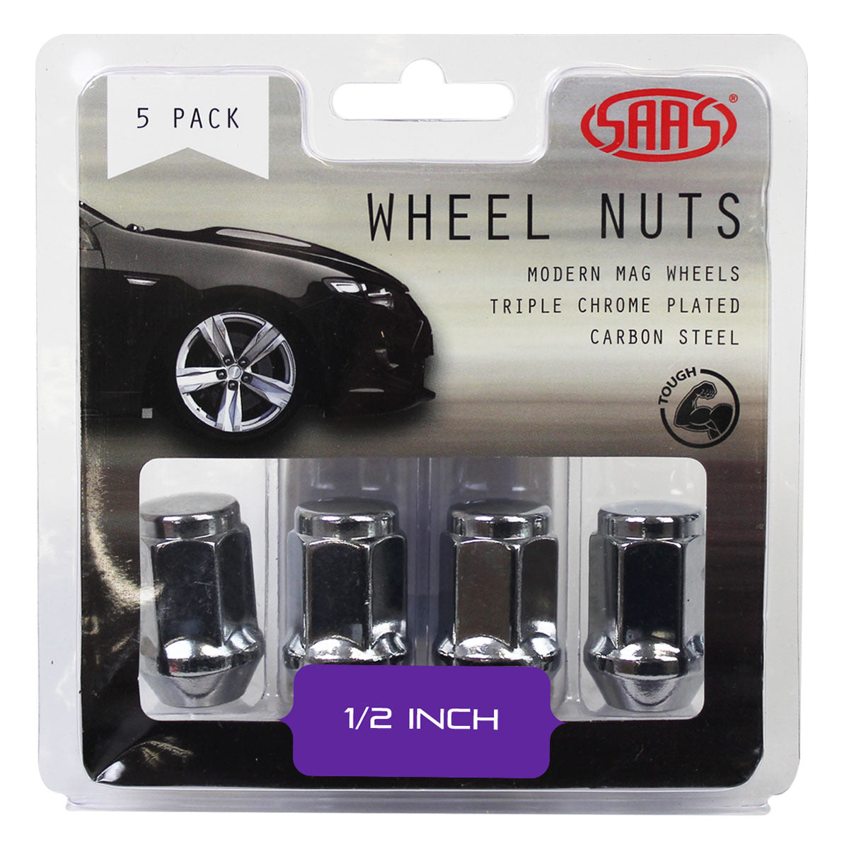 SAAS-Wheel-Nuts-Flat-Head-Bulge-1/2"-Chr-35mm-5Pk-|-435915