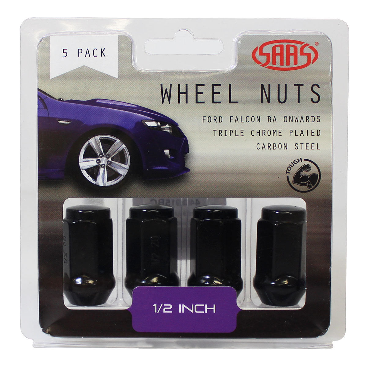 SAAS-Wheel-Nuts-Flat-Head-Bulge-1/2"-Black-40mm-5Pk-|-440915BC