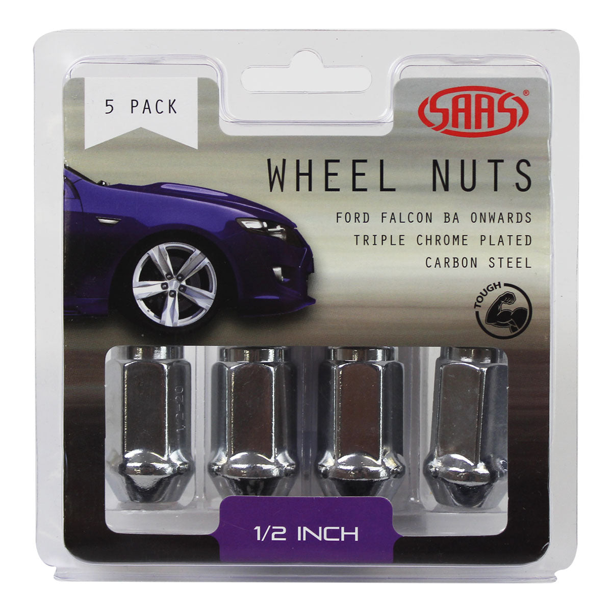 SAAS-Wheel-Nuts-Flat-Head-Bulge-1/2"-Chrome-40mm-5Pk-|-440915