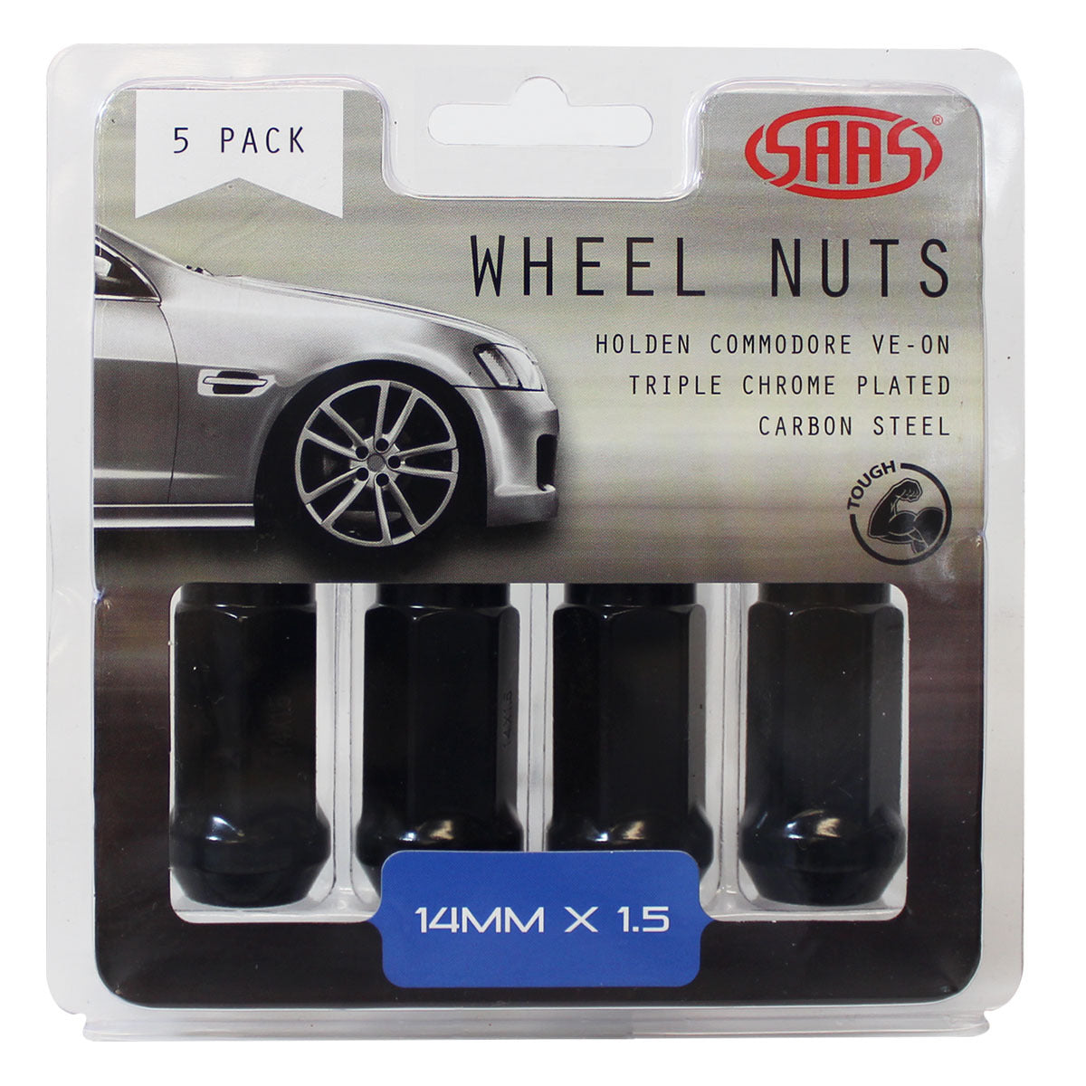 SAAS-Wheel-Nuts-Flat-Head-Bulge-14X-1.5-Black-45mm-5Pk-|-445995BC