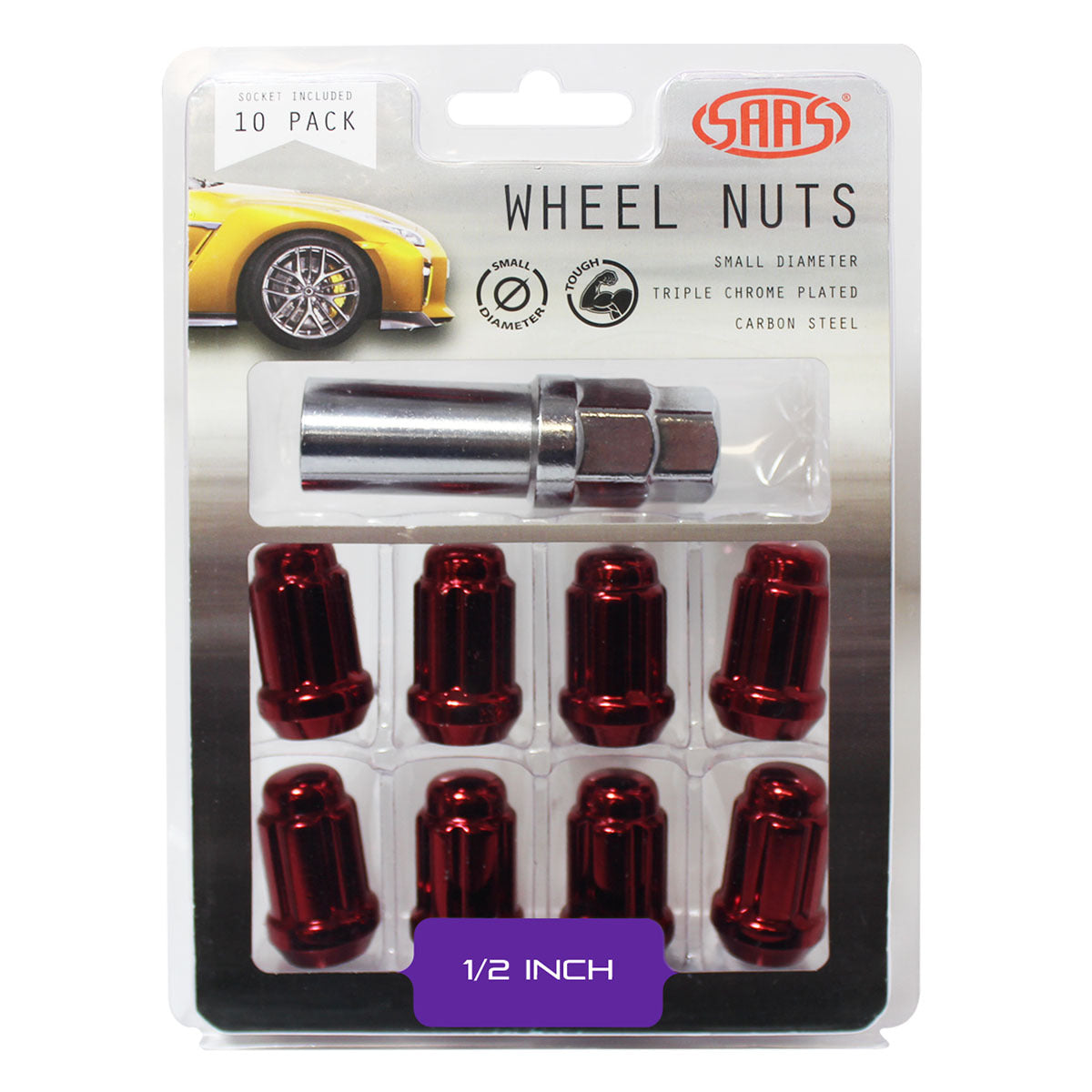 SAAS-Wheel-Nuts-S/D-6-Spline-1/2-Inc-Key-Red-10Pk-|-6330110R