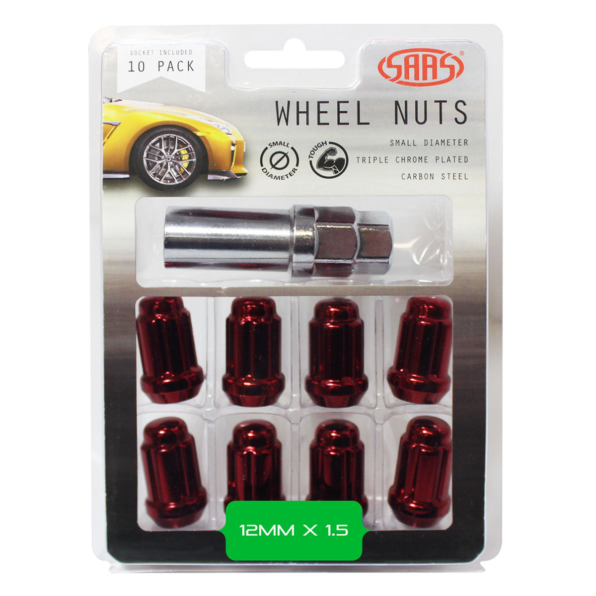 SAAS-Wheel-Nuts-S/D-6-Spline-12-X-1.50-Inc-Key-Red-10Pk-|-6330610R