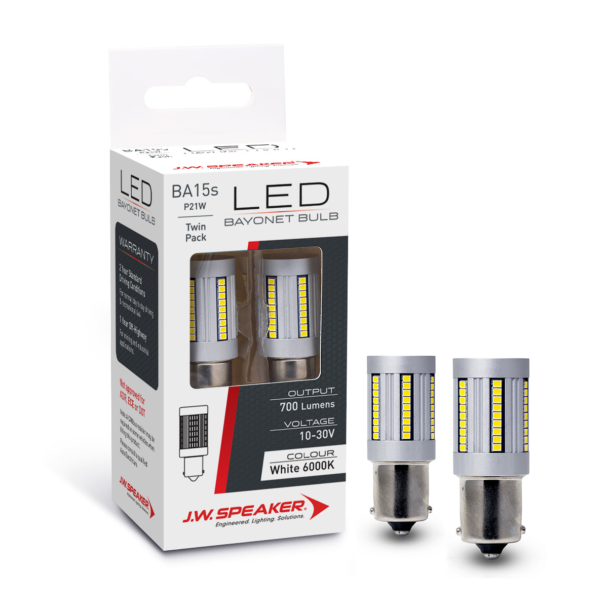 JW Speaker P21W / BA15s Bayonet Bulb LED Pair 12V - 24V 6000K High Output 700 lumens