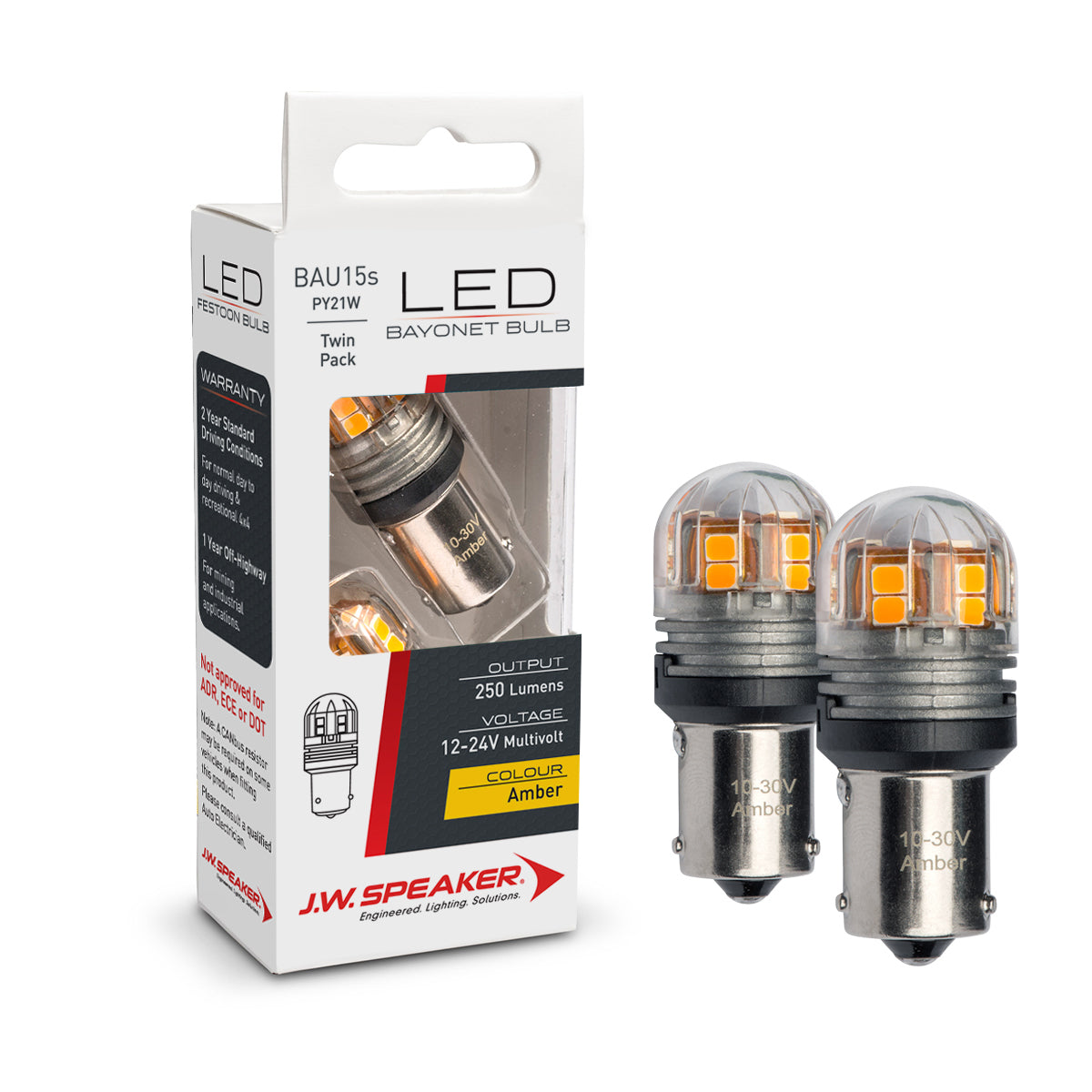 JW Speaker Indicator PY21W / BAU15s Bayonet Bulb LED Pair 12V - 24V Amber