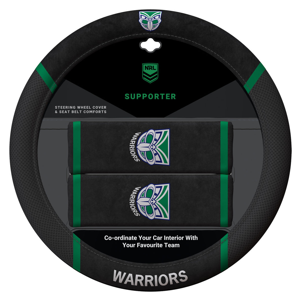 Official Nrl New Zealand Warriors Steering Wheel Cover & Seat Belt Covers