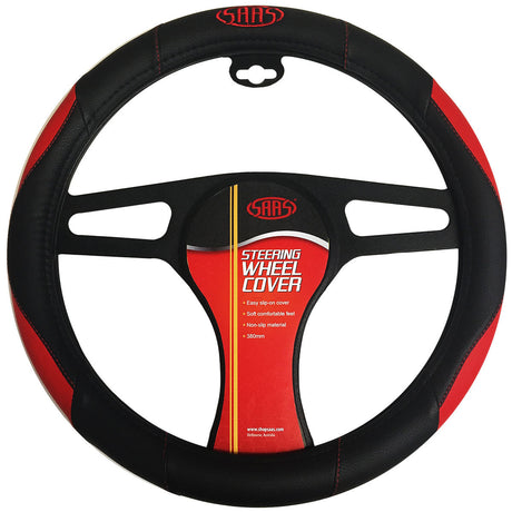 SAAS-Steering-Wheel-Cover-Blk-Red-Poly-With-Logo-380mm-|-SWC003