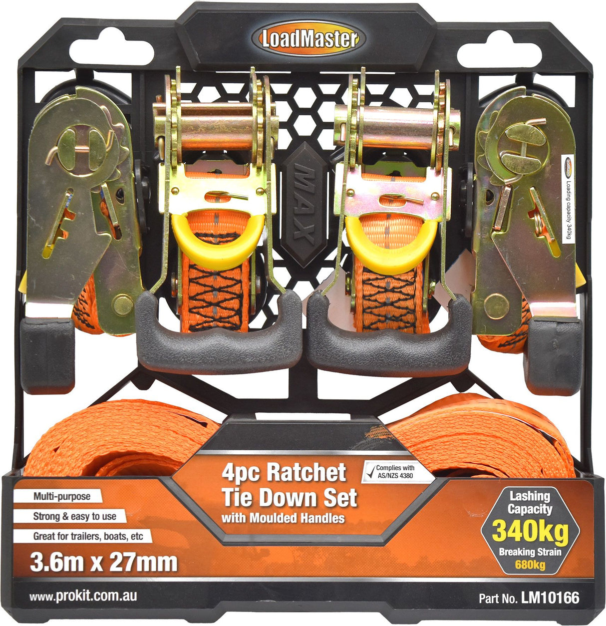 Ratchet Tie Down Set 27mm x 3.6m 340kg 4pc