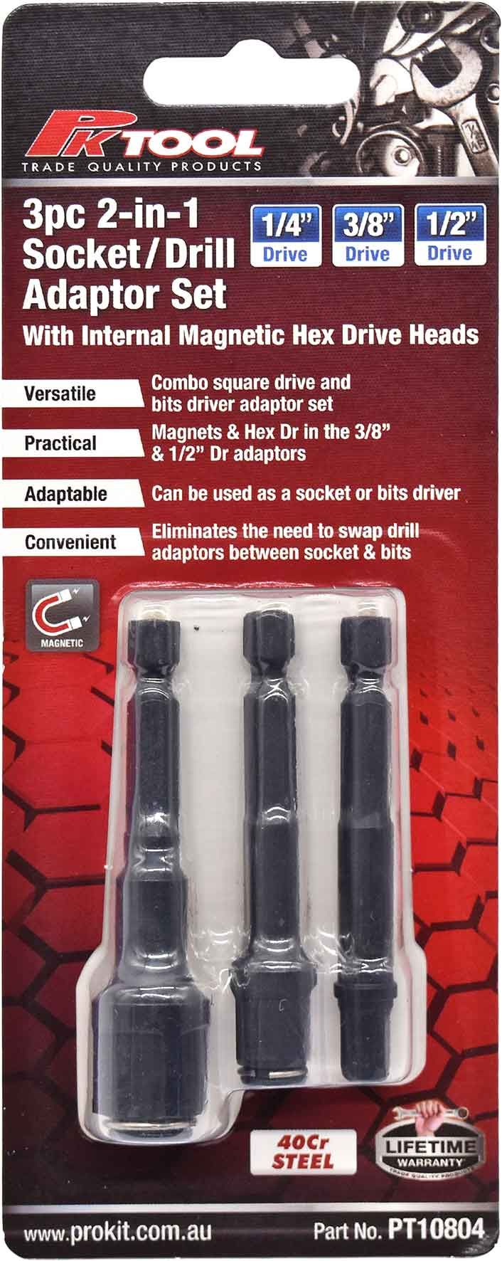 Magnetic Impact Socket / Drill Adaptor Set 3pce 1/4" 3/8" 1/2"