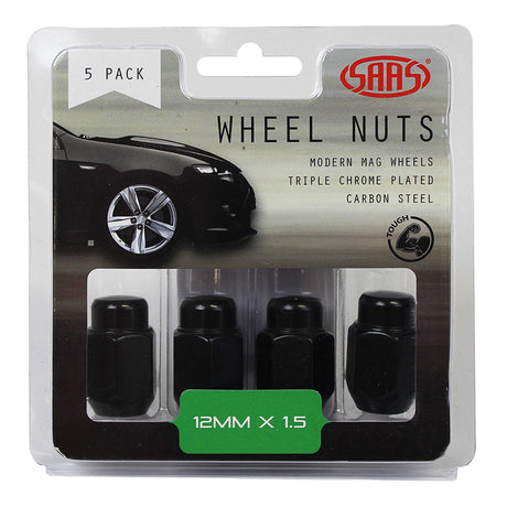SAAS-Wheel-Nuts-Acorn-Taper-12-X-1.50-Black-35mm-5Pk-|-235265BC