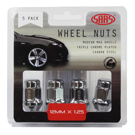 SAAS-Wheel-Nuts-Acorn-Bulge-12-X-1.25-Chrome-35mm-5Pk-|-335355
