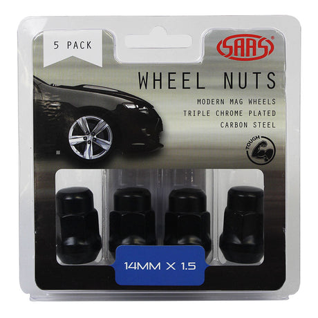 SAAS-Wheel-Nuts-Acorn-Bulge-14-X-1.50-Black-35mm-5Pk-|-335395BC