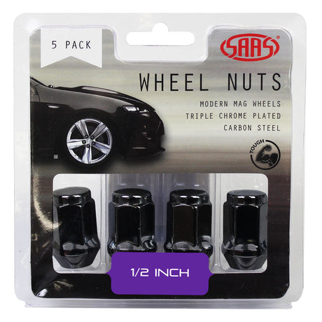 SAAS-Wheel-Nuts-Flat-Head-Bulge-1/2"-Black-35mm-5Pk-|-435915BC