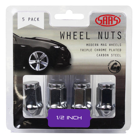 SAAS-Wheel-Nuts-Flat-Head-Bulge-1/2"-Chr-35mm-5Pk-|-435915