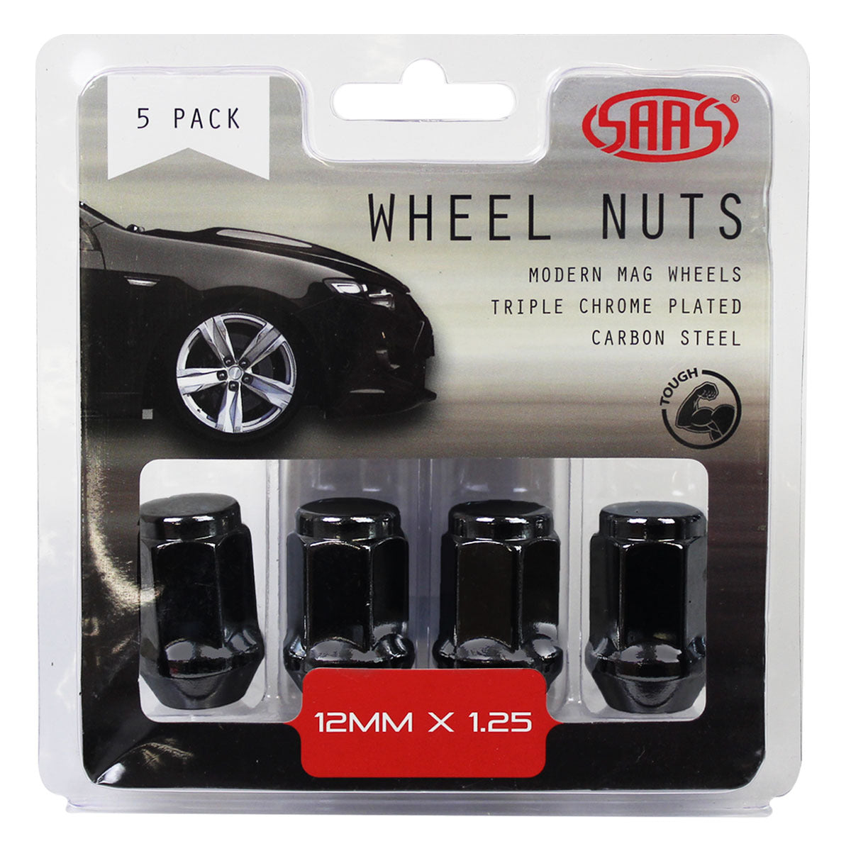 SAAS-Wheel-Nuts-Flat-Head-Bulge-12-X-1.25-Black-35mm-5Pk-|-435955BC