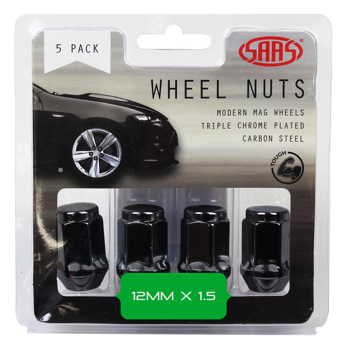 SAAS-Wheel-Nuts-Flat-Head-Bulge-12-X-1.50-Black-35mm-5Pk-|-435965BC
