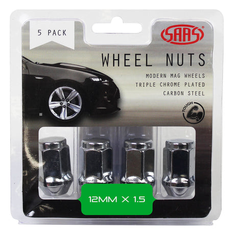 SAAS-Wheel-Nuts-Flat-Head-Bulge-12-X-1.50-Chr-35mm-5Pk-|-435965