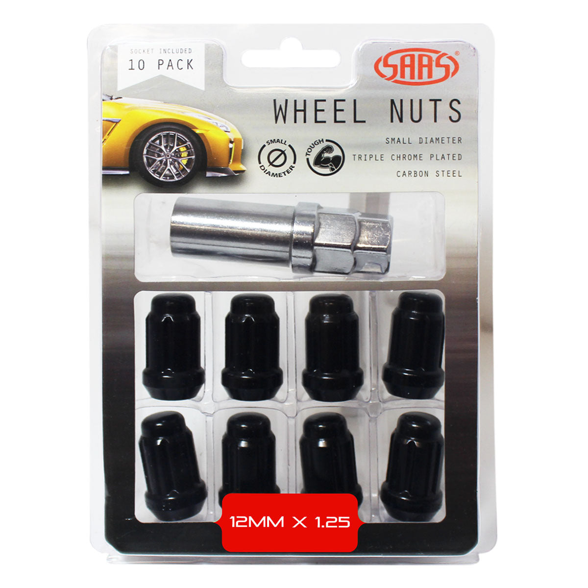 SAAS-Wheel-Nuts-S/D-6-Spline-12-X-1.25-Inc-Key-Black-10Pk-|-6330510BC