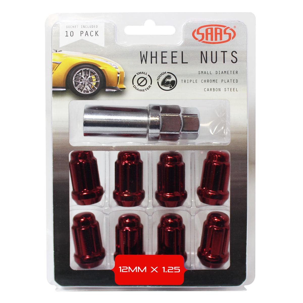 SAAS-Wheel-Nuts-S/D-6-Spline-12-X-1.25-Inc-Key-Red-10Pk-|-6330510R