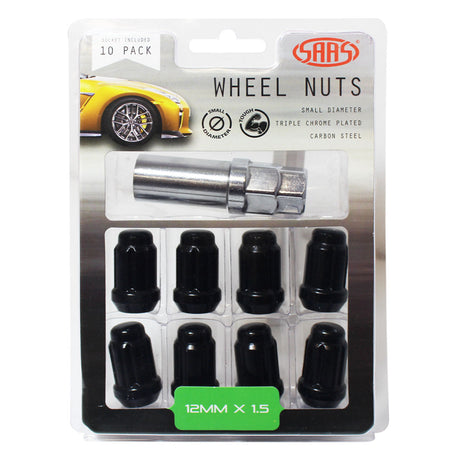 SAAS-Wheel-Nuts-S/D-6-Spline-12-X-1.50-Inc-Key-Black-10Pk-|-6330610BC