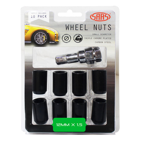 SAAS-Wheel-Nuts-S/D-Int-Hex-12-X-1.50-Inc-Key-Black-10Pk-|-8330610BC