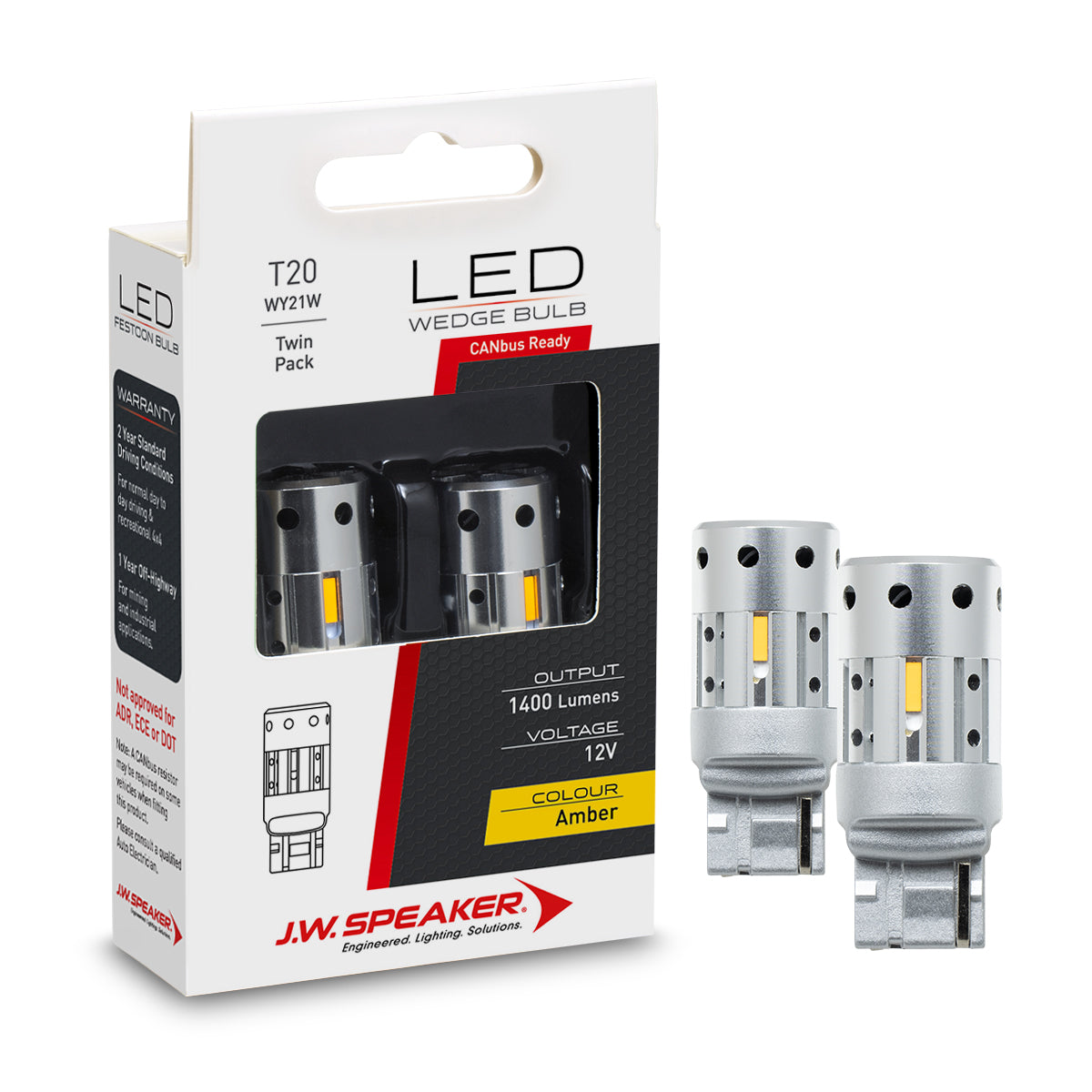 JW Speaker W21W / T20 Wedge Bulb LED Pair 12V - 24V Amber Canbus Built In Resistor