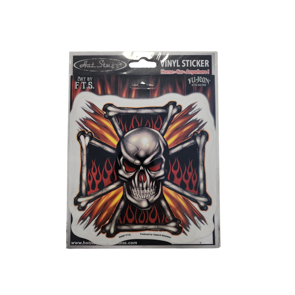 Flame Cross Skull Premium Die Cut Sticker