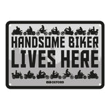 Oxford Garage Metal Sign: Handsome Biker Lives Here