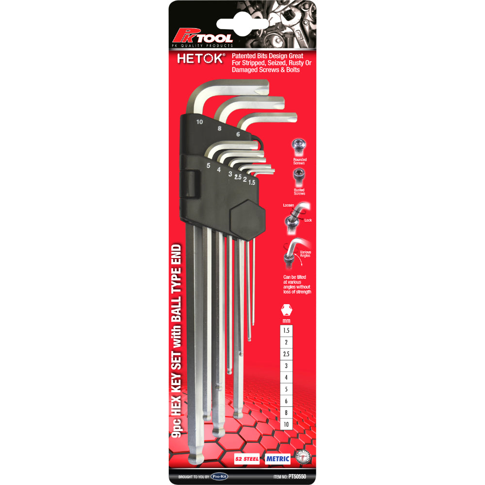 PK Tool 9pc Metric Hetox Ball End Hex Key Set