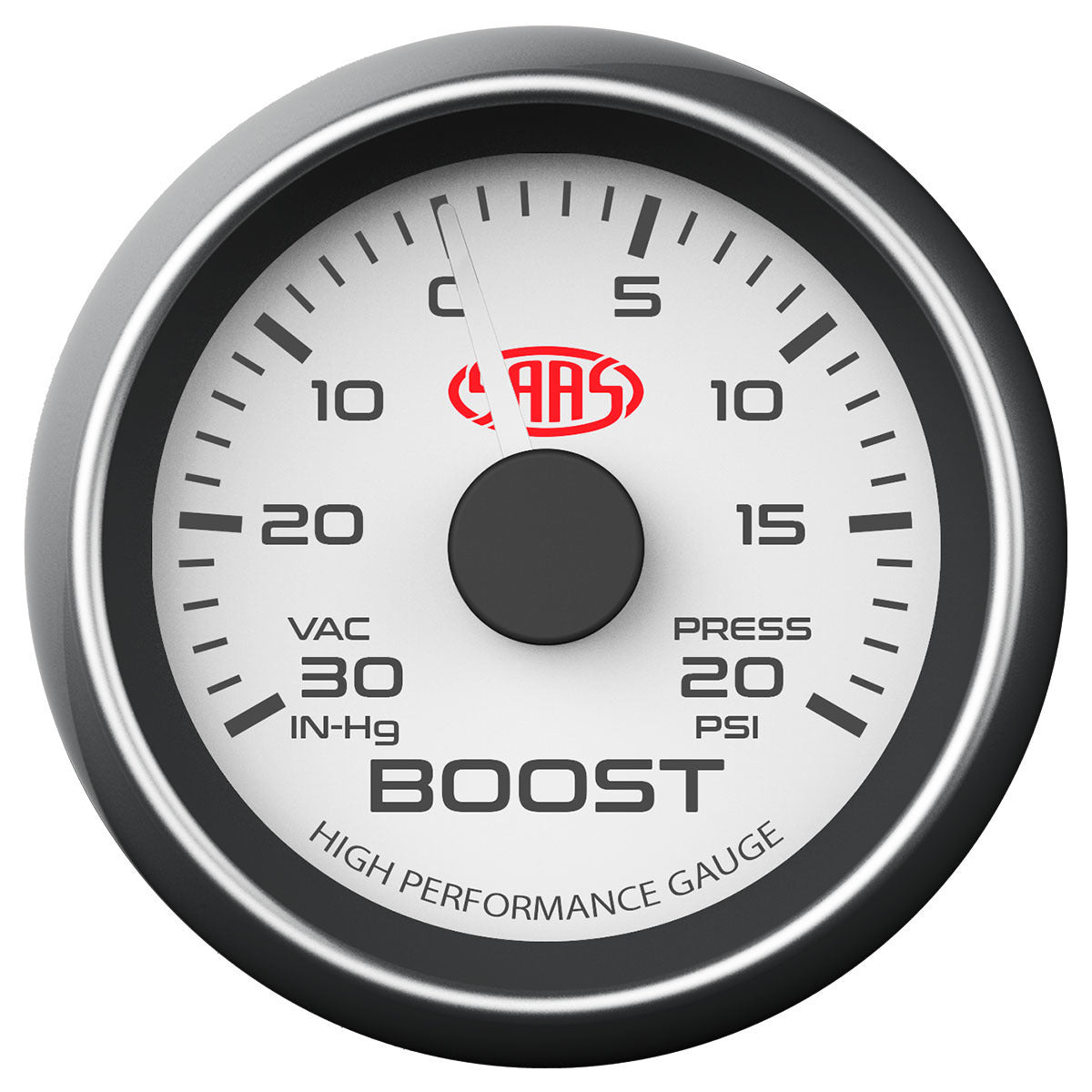 SAAS-Boost-Gauge-30Inhg-20Psi-52mm-White-Muscle-Series-|-SG-TB52W